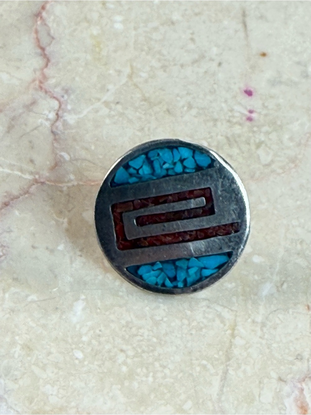 Navajo Indian Round Inlay Turquoise & Red Stone Silver Single Earring